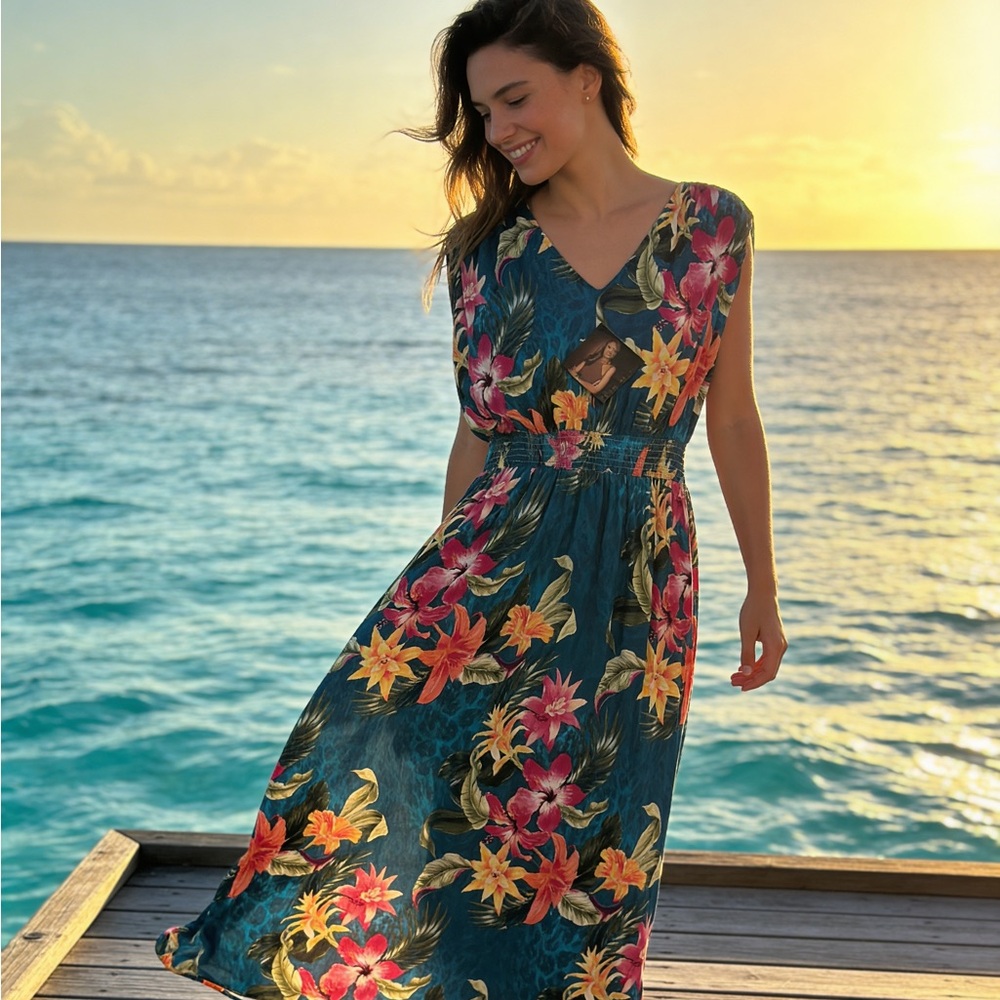 IMAN Teal Maxi Dress with Pink & Yellow Floral Print